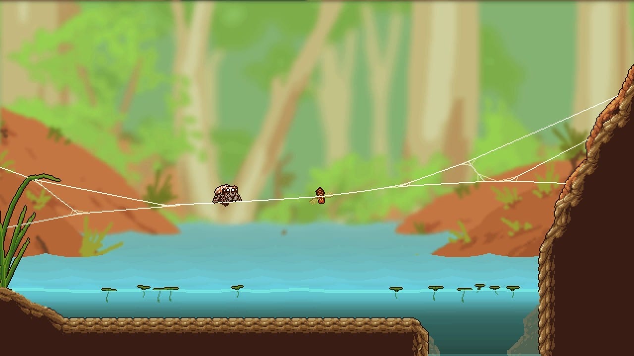 Buddy walking a player-spun web bridge across a forest pond in Webbed